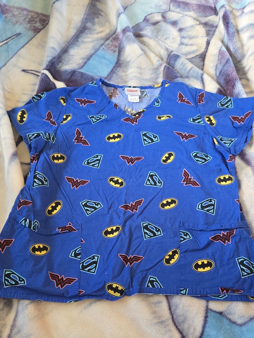 wonder nation Blue Superhero Logo Womans Scrub Top